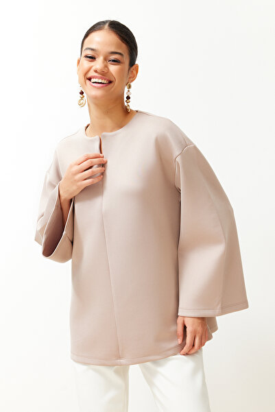 Trendyol Modest Μπεζ φούτερ Scuba Oversize - Λεπτομέρειες με φερμουάρ, TCTSS24UK00032