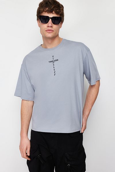Trendyol Collection Gray Fluffy Text Printed Cotton T-Shirt - Oversize, Tmnss24Ts00048