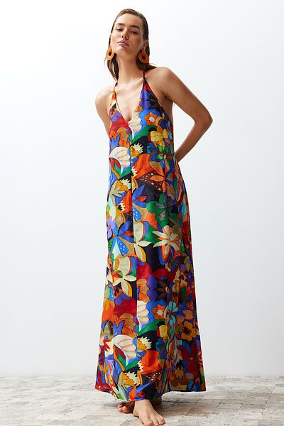 Trendyol Collection Φόρεμα παραλίας με φλοράλ μοτίβο Maxi υφαντό Χαμηλό φόρεμα παραλίας TBESS24EL00022