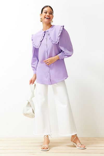 Trendyol Modest Lilafarbenes Hemd aus gewebter Baumwolle mit Babykragen TCTSS24TG00027