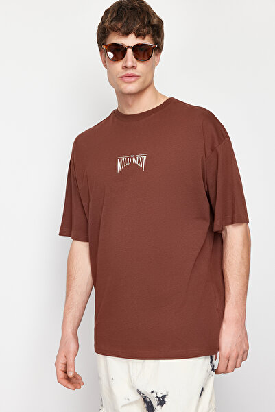 Trendyol Collection Μπλουζάκι υπερμεγέθη καφέ βαμβακερό εμπριμέ - TMNSS24TS00003