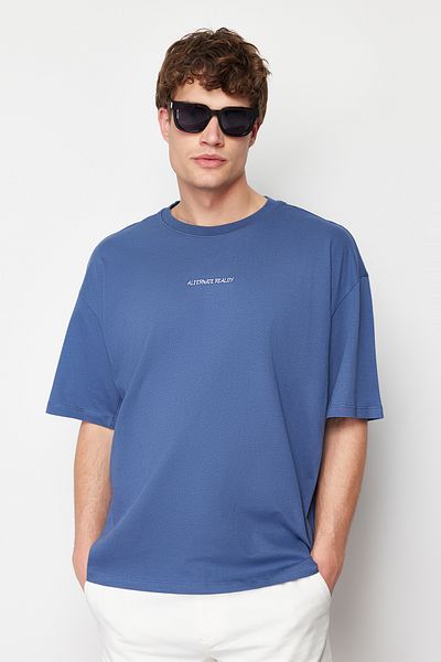 Trendyol Collection Βαμβακερό μπλουζάκι με κέντημα Indigo - TMNSS24TS00113