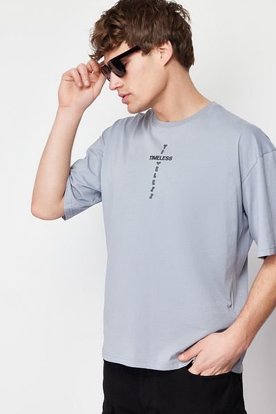 Trendyol Collection Gray Fluffy Text Printed Cotton T-Shirt - Oversize, Tmnss24Ts00048