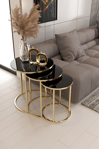 Nies Aksesuar Armoni Gold Metal Zigon Sehpa ''siyah Cam''