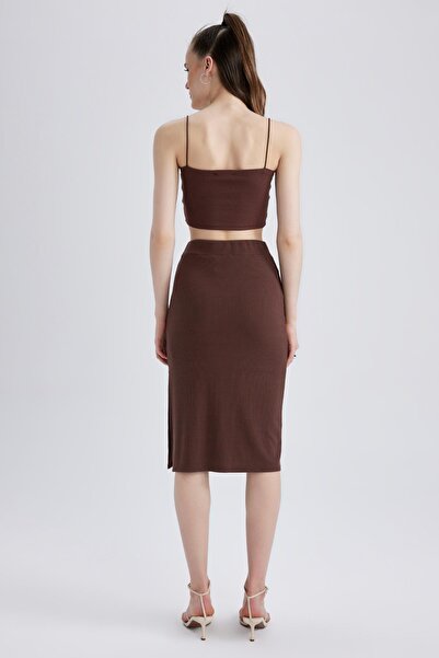 DeFacto Slim Fit Basic Yırtmaçlı Fitilli Kaşkorse Midi Etek