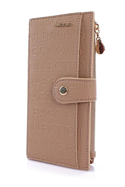 Getcho Delmare Embossed Women's Mink Tan Patterned Long Wallet Zippered Card Holder Multi-Eye Wide Compartment Model