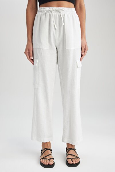 DeFacto Straight Fit Cargo Pocket Regular Waist Linen Blended Pants Y7270az23sm