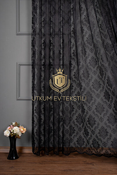 UTKUM EV TEKSTİL ÜRÜNLERİ Siyah Örme Tül Perde Damask Desen 1012 1/2 Seyrek Pile