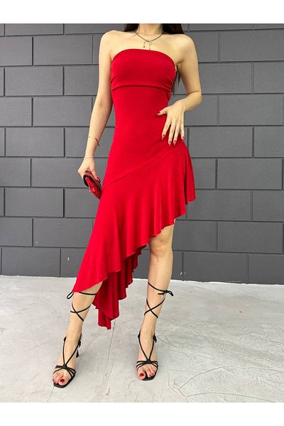 BİKELİFE Trägerloses Kleid mit asymmetrischem Schnitt und Rüschendetail für Damen