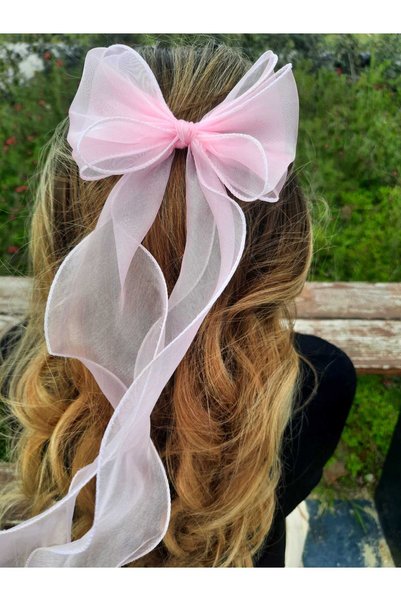 Kraliçe Women's Long Tulle Candy Pink Bowknot Buckle with Curly Ribbon and Clip