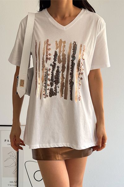 FEMELLE Women's White V-Neck Large Size Foil Printed Sequin Sequin Embroidered 100% Cotton Large Size T-Shirt