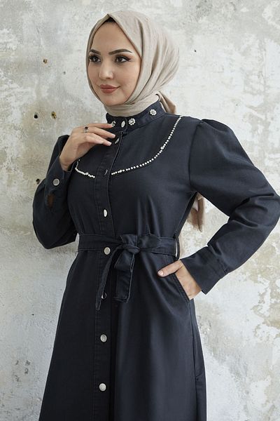 InStyle Τζιν φόρεμα με μαργαριταρένια λεπτομέρεια - Γκρι