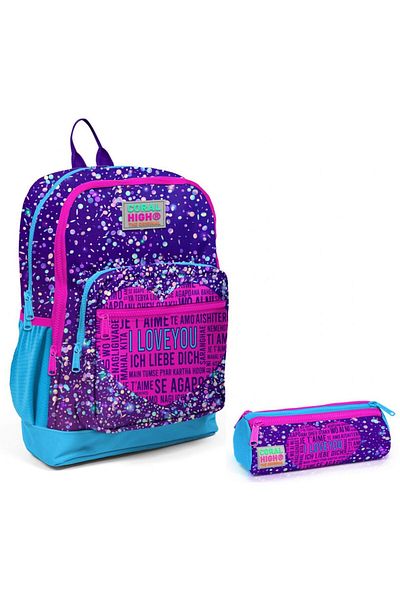 Coral High Purple Blue Heart Primary School Backpack and Pen Holder Set