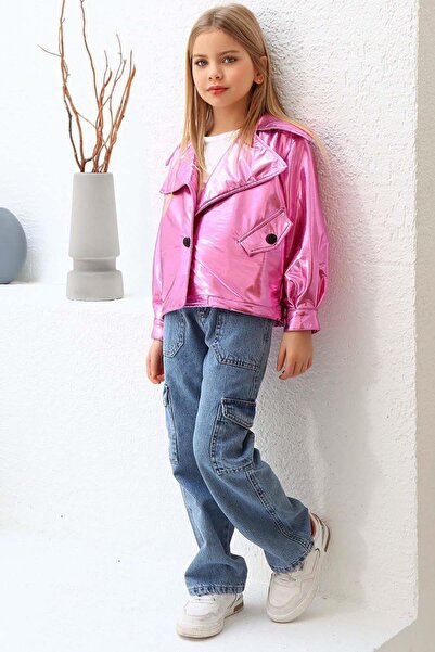 Riccotarz Girl's Shiny Jacket and Jeans Cargo Pocket Pants Pink Bottom Top Set