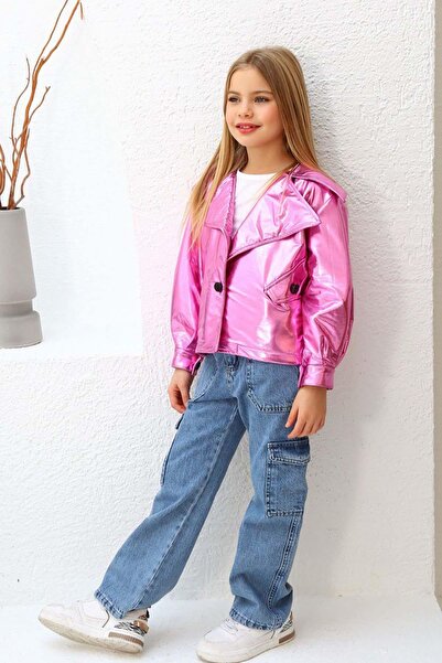 Riccotarz Girl's Shiny Jacket and Jeans Cargo Pocket Pants Pink Bottom Top Set