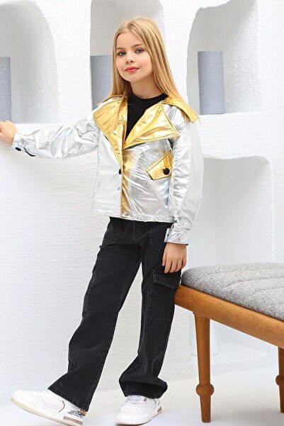 Riccotarz Girl's Shiny Jacket and Jeans Cargo Pocket Pants Silver Bottom Top Set