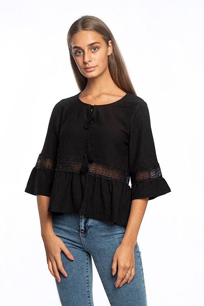 Miss Murem Flounced Sleeve Lace Blouse-black