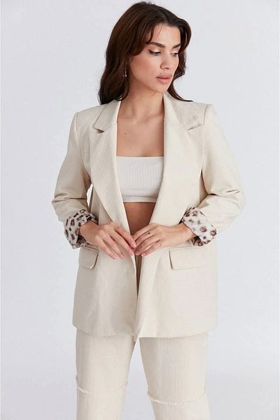 My Blog Damenjacke aus Rohleinen mit Leopardenmuster und Futter in Steinfarbe