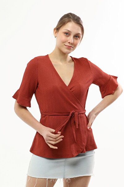 Miss Murem Double Breasted Collar Tied Seersucker Blouse-tile