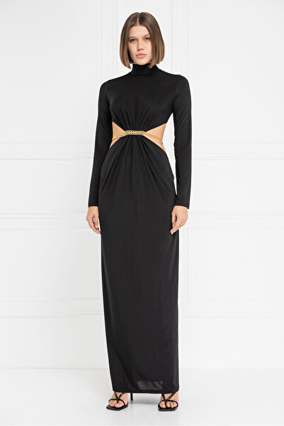 Kikiriki Siyah Bel Dekolteli Zincirli Maxi Elbise
