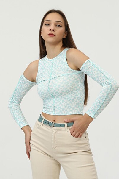 Miss Murem Off Shoulder Piece Long Sleeve Blouse-water Green