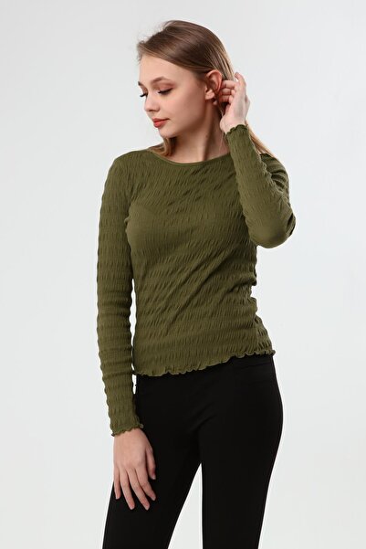 Miss Murem Elastic Long Sleeve Blouse-khaki Green