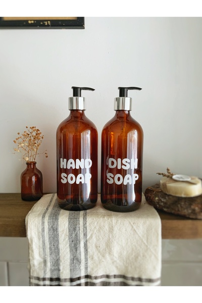 Atölye Merdiven Pachet de 2 sticle de săpun lichid din sticlă chihlimbar pentru vase dozator de săpun 500 ml decorativ