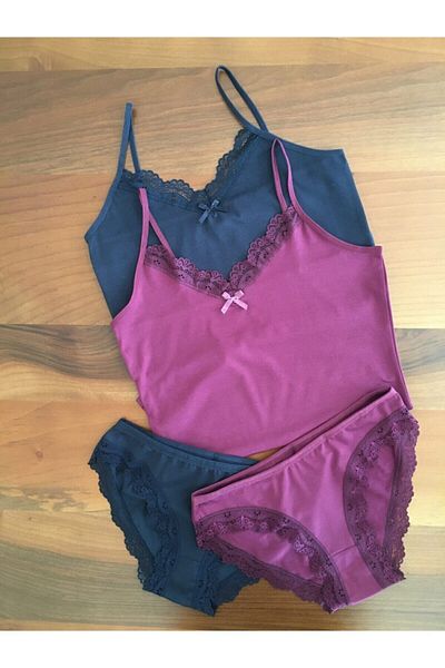 LEYNA BUTİK Women's Navy Blue Plum 2 Piece Thread Strap Athlete Panties Set