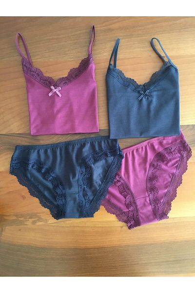LEYNA BUTİK Women's Navy Blue Plum 2 Piece Thread Strap Athlete Panties Set