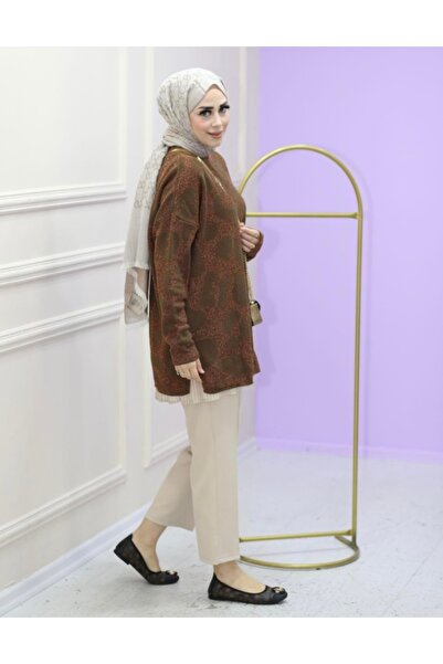 Aden aydın Leopar Desen Simli Soğuk Iplik Ince Premium Triko Tunik