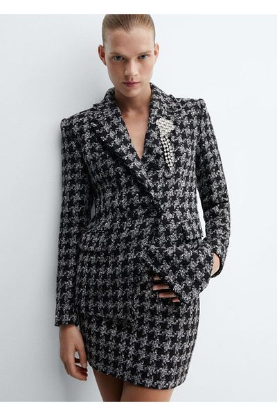 MANGO Woman Tweed Brooch Blazer Jacket