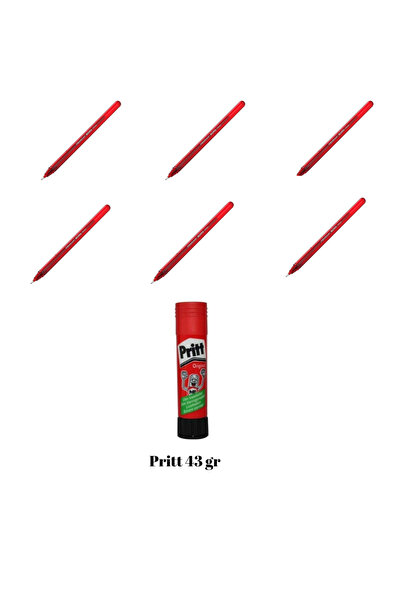 Pensan 6 قطع PENSAN BÜRO 1 مم قلم حبر جاف + عصا لاصقة PRİTT 43 GR
