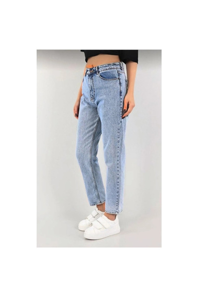 MAKRAS EXCLUSIVE Flora Snow Wash Blue Jeans High Waist Lycra Extra Stretchy Mom Jeans Jeans