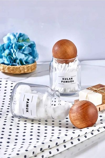 Kitchen Dream Γυάλινο Διακοσμητικό Καπάκι Μπάλας Αυτιά Βαμβακερό και Βαμβακερό Βάζο 300 ml