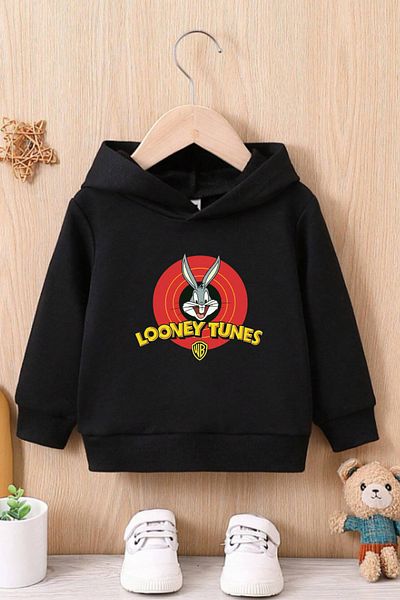 AEMİ Детски суитшърт с качулка и принт с Buggs Bunny Looney Tunes - Детски черен суитшърт с качулка