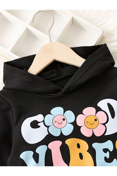 AEMİ Детски суитшърт с качулка и принт Good Vibes Only - Черен суитшърт с качулка за момичета