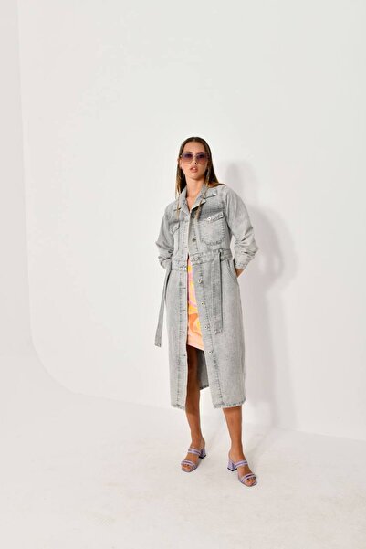 Rbgstore BOYDAN DÜĞMELİ GRİ JEAN ELBİSE (TESETTÜRE UYGUN)