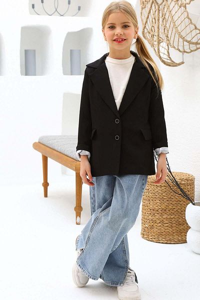 Riccotarz Girl's Loose Fitting Pants and Blazer Jacket Black Bottom Top Set