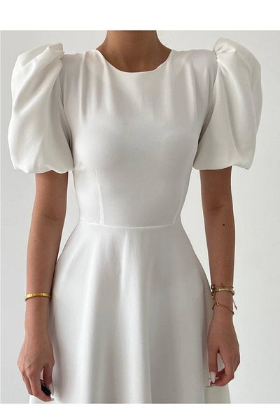 vuvutasarım Λευκό ύφασμα Atlas με στρογγυλή λαιμόκοψη Princess Sleeve Detail Midi φόρεμα 220