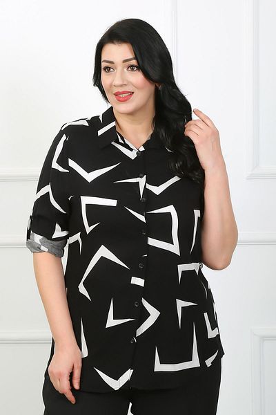 By Alba Collection Дамска черно-бяла риза от памук и вискоза с шарки, големи размери