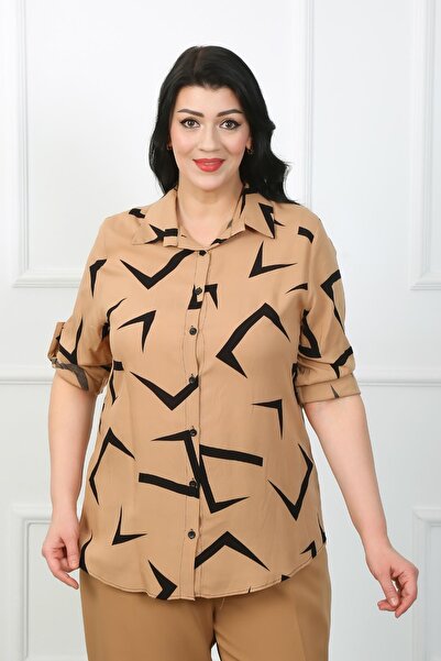 By Alba Collection Women's Tan Patterned Cotton Viscose Large Size Shirt