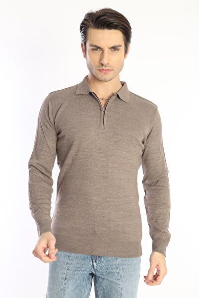 Bej Fermuarlı Uzun Kollu Polo Yaka T-shirt Kazak