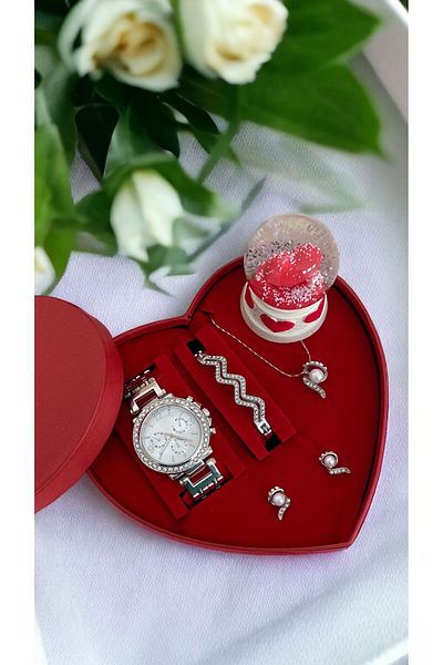 Has Silver Jewelled Watch Bracelet Necklace And Earrings Gift Watch Set Box Heart