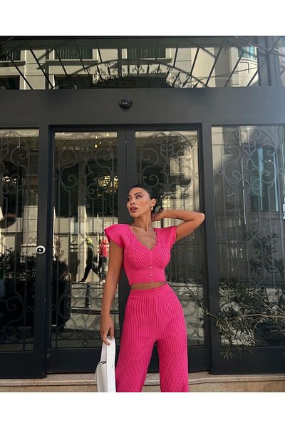 Rimanere Giovani Fuchsia Stoned Openwork Crop Blouse and Trousers Set - Thin Summer Knitwear