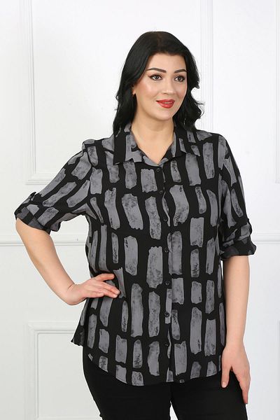 By Alba Collection Women's Gray Patterned Cotton Viscose Large Size Shirt
