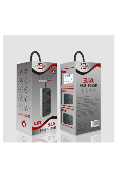 SİYAH Akıllı Ev Uzatma Kablosu  6 USB 3 PRİZ Girişli   Aşırı Gerilim Koruyucu...