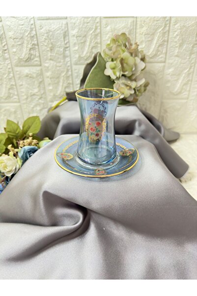 aky home style Çay Takımı Gül Desenli Mavi 12 Parça Golden Flowers 6 Kişilik