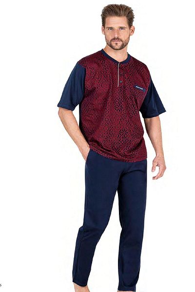 Pierre Cardin 6051 Men's Short Sleeve Jacquard 3-Piece Pajama Set-Burgundy