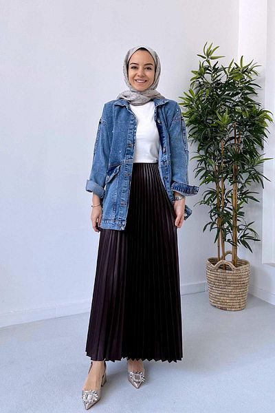 Ka Hijab Brown Satin Look Pleated Hijab Skirt