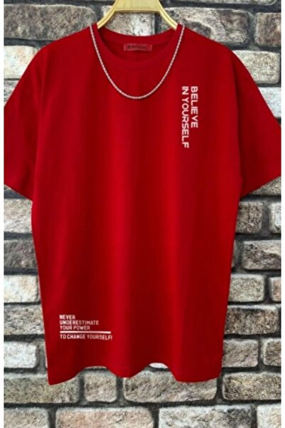 ORLONTEX Men's Red Believe Printed Oversize T-shirt